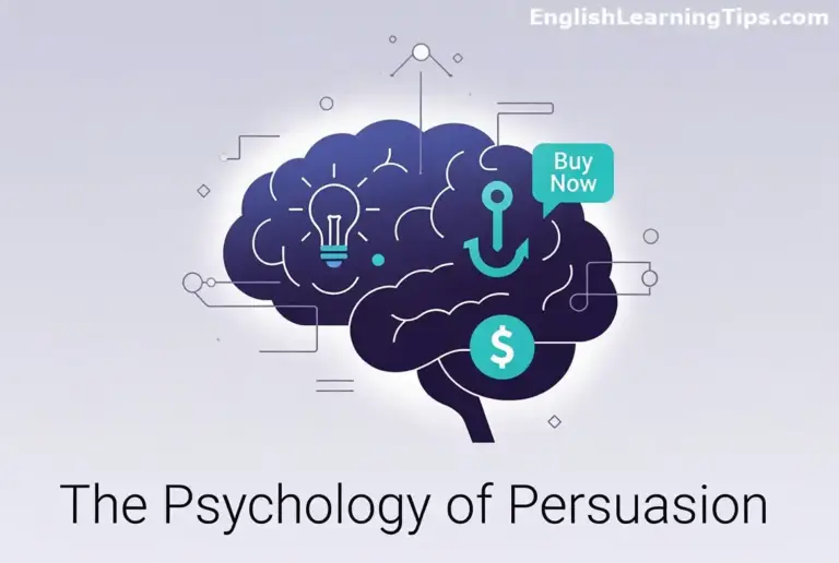 An illustration of a human brain featuring marketing icons like a lightbulb, an anchor, a dollar sign, and a 'Buy Now' speech bubble, with the text 'The Psychology of Persuasion' underneath.