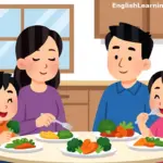 Cartoon illustration of a happy family eating a healthy dinner with vegetables like broccoli and carrots