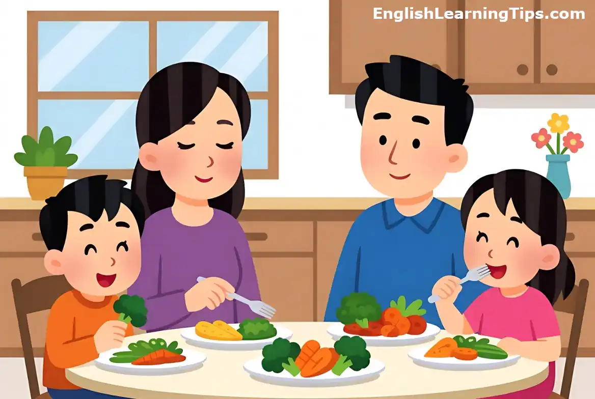 Cartoon illustration of a happy family eating a healthy dinner with vegetables like broccoli and carrots