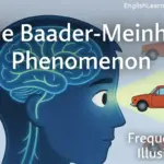 Illustration of a human head with a glowing brain and red cars, representing the Baader-Meinhof phenomenon and frequency illusion.