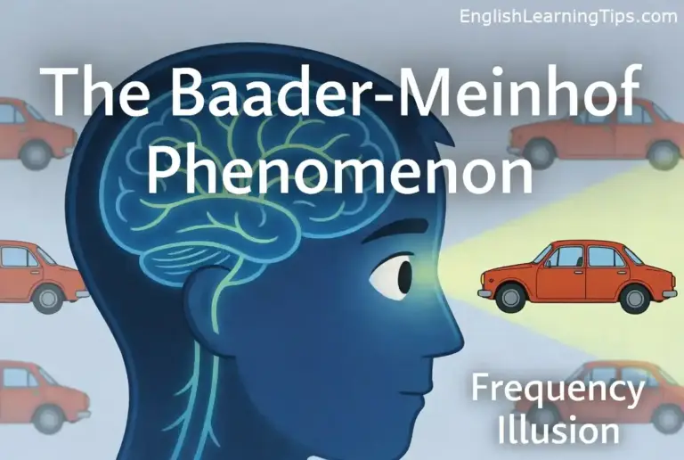 Illustration of a human head with a glowing brain and red cars, representing the Baader-Meinhof phenomenon and frequency illusion.
