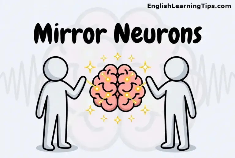 Simple cartoon illustration of mirror neurons showing two figures mirroring hand gestures with a glowing brain in the center