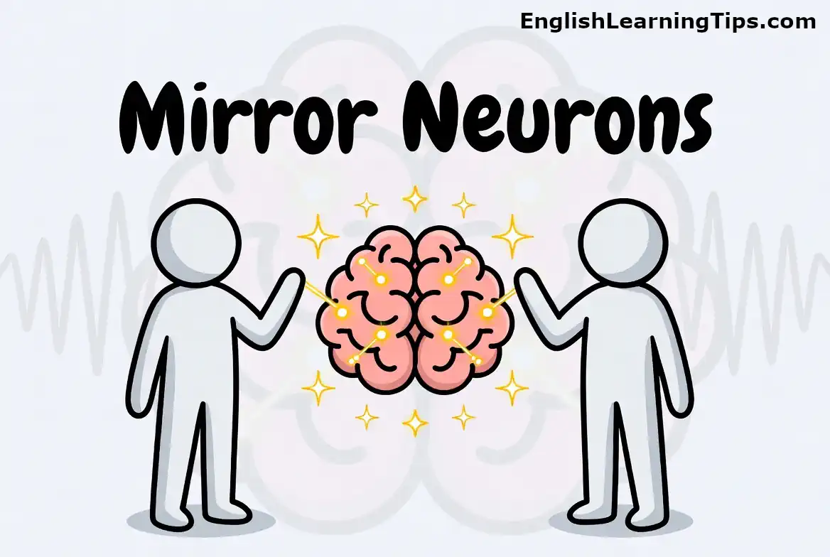 Simple cartoon illustration of mirror neurons showing two figures mirroring hand gestures with a glowing brain in the center