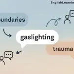 Illustration showing speech bubbles with psychological terms like boundaries, gaslighting, and trauma next to icons of people communicating