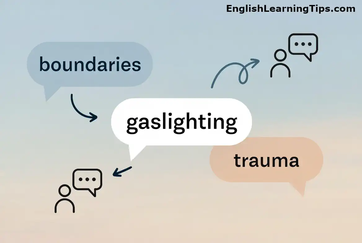 Illustration showing speech bubbles with psychological terms like boundaries, gaslighting, and trauma next to icons of people communicating